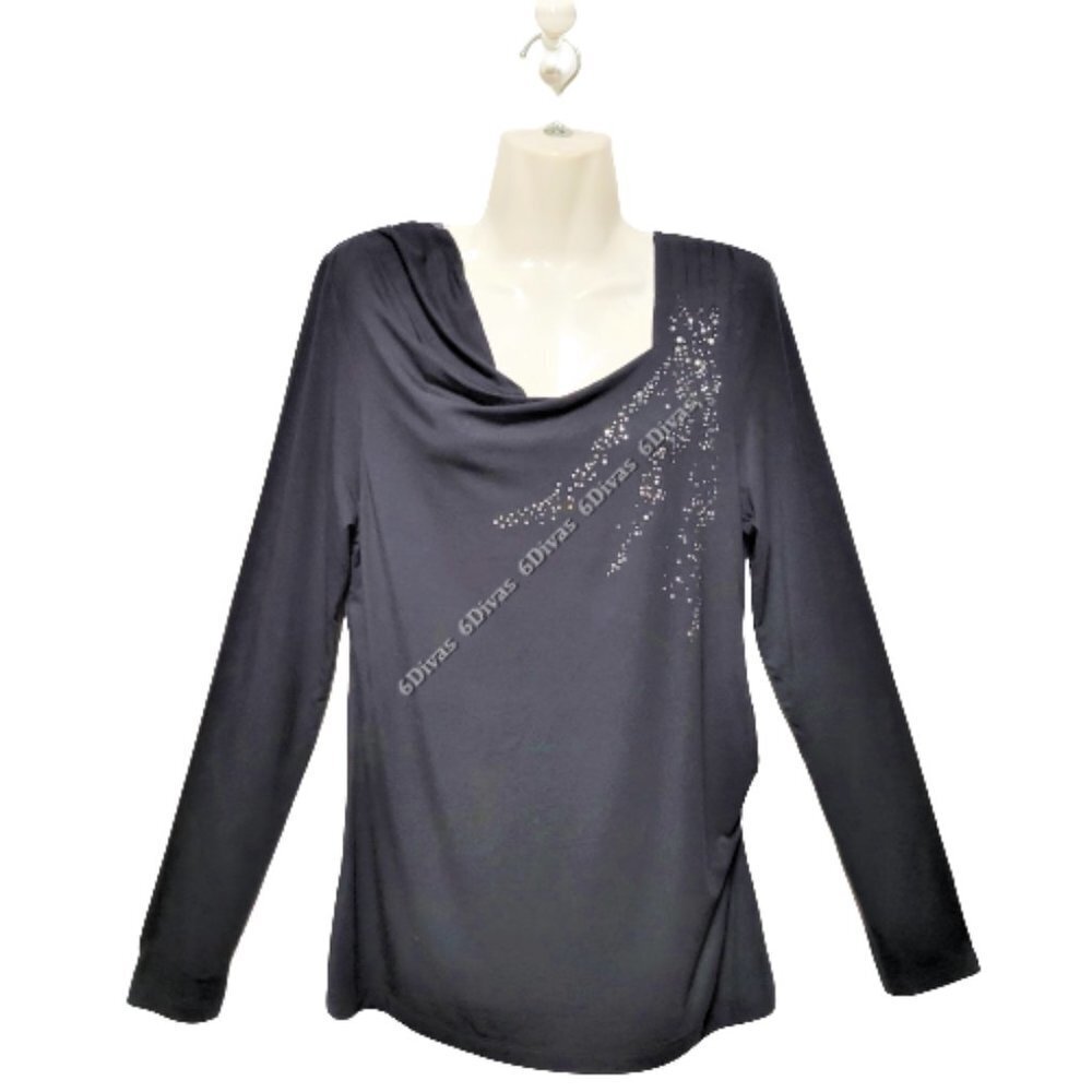 𝅺BAMBOO Viscose Black Long Sleeved Cowl Top with Sequins   Size  M - NWOT
